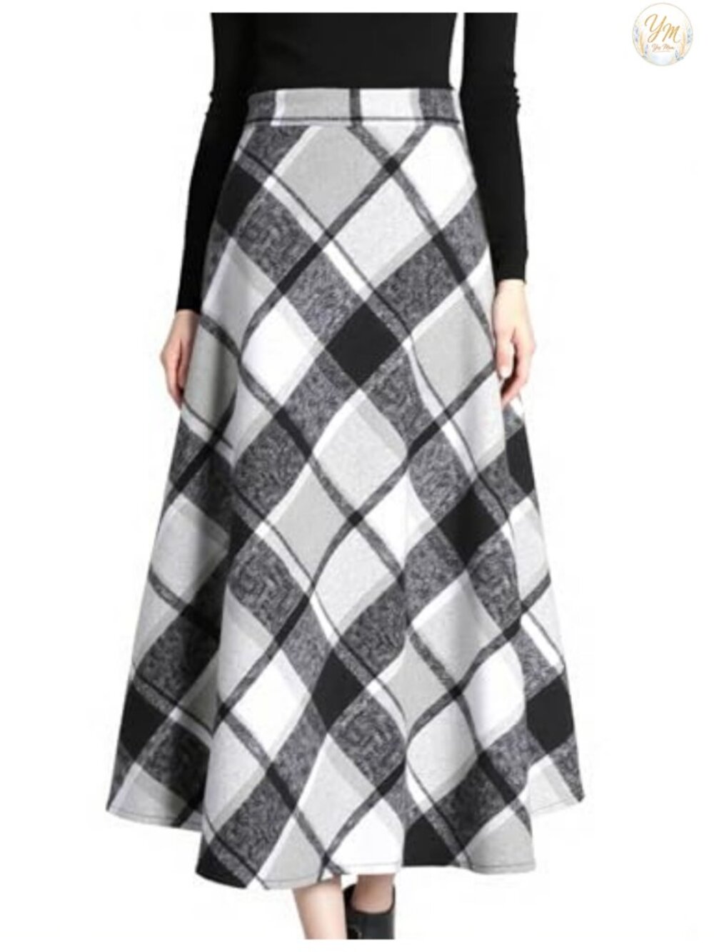 Wool Blend Plaid A-Line Pleated Midi Skirt High Waist Pockets